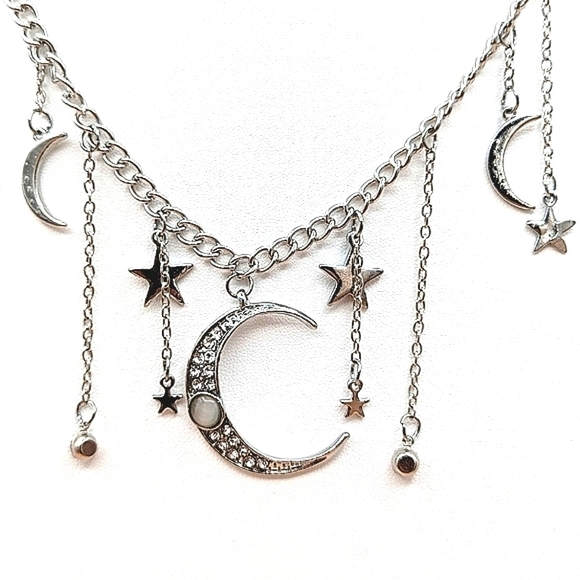 Necklace Moon Stars Silver - Gold Tone  Celestial Bohemian astronomical Jewelry - Picture 7 of 11